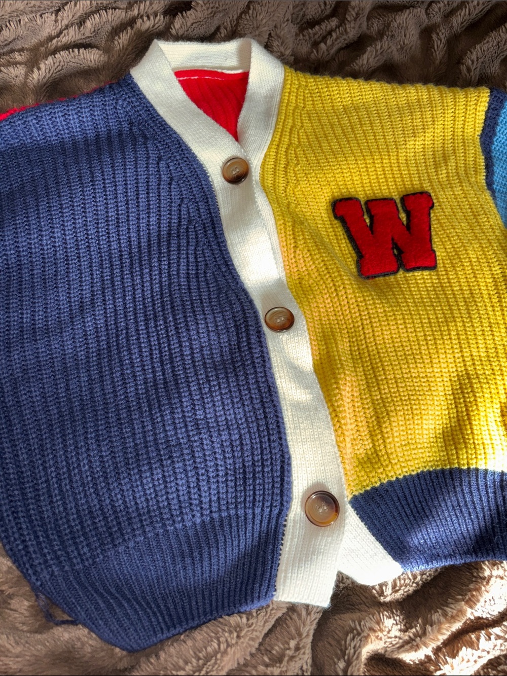 Colorblock Knit Crop Cardigan Sweater with Patch W